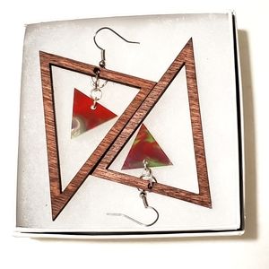 Wood and Colored Acrylic Earrings 2 1/2 " length